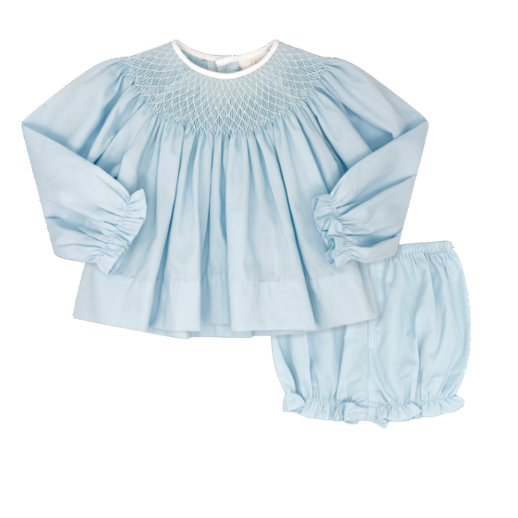 LULLABY SET BETSY BLOOMER SET LS-BIRMINGHAM BLUE PIQUE, SMOCKING