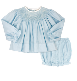 LULLABY SET BETSY BLOOMER SET LS-BIRMINGHAM BLUE PIQUE, SMOCKING