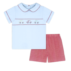 LULLABY SET CARSON SHORT SET-BLUFFTON BLUE, RALEIGH RED MINIGINGHAM, CARS