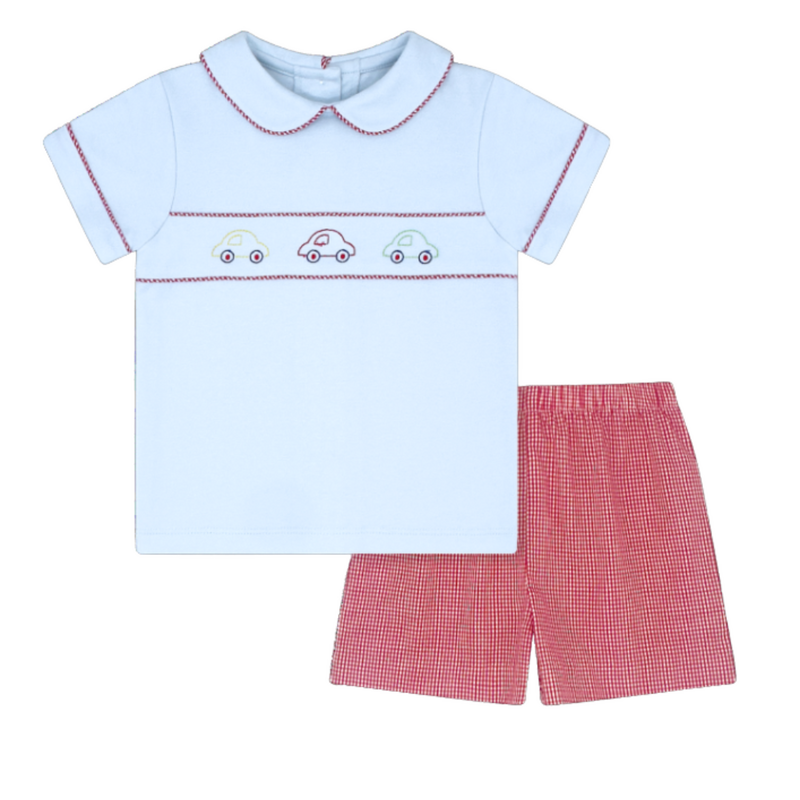 LULLABY SET CARSON SHORT SET-BLUFFTON BLUE, RALEIGH RED MINIGINGHAM, CARS