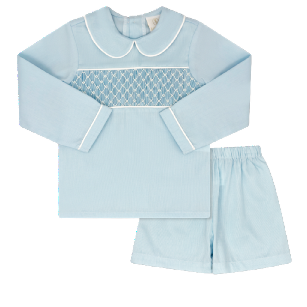 LULLABY SET LIAM SHORT SET-BIRMINGHAM BLUE PIQUE, SMOCKING