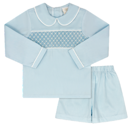 LULLABY SET LIAM SHORT SET-BIRMINGHAM BLUE PIQUE, SMOCKING
