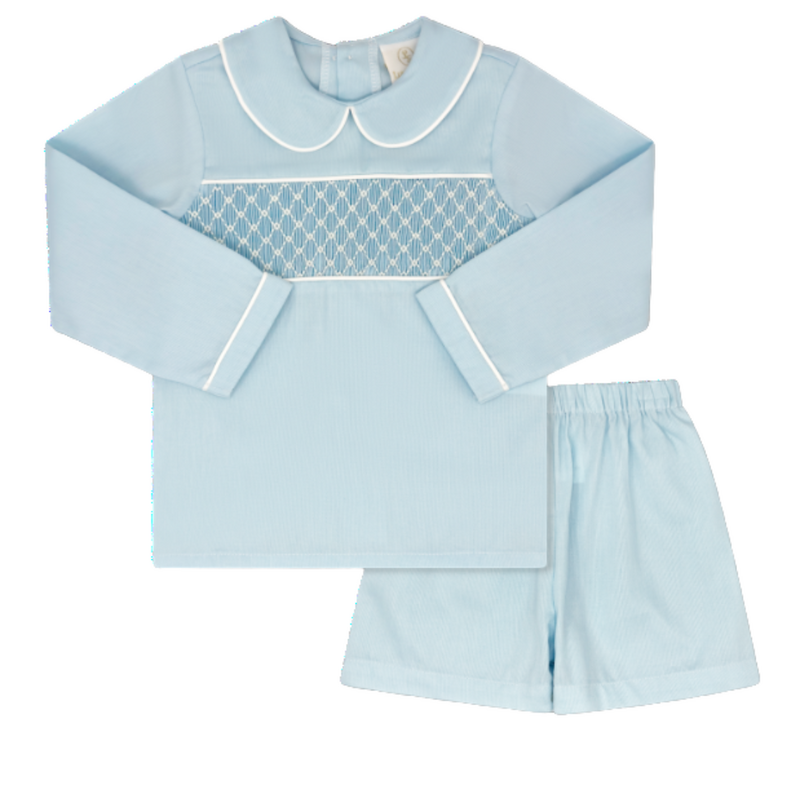 LULLABY SET LIAM SHORT SET-BIRMINGHAM BLUE PIQUE, SMOCKING