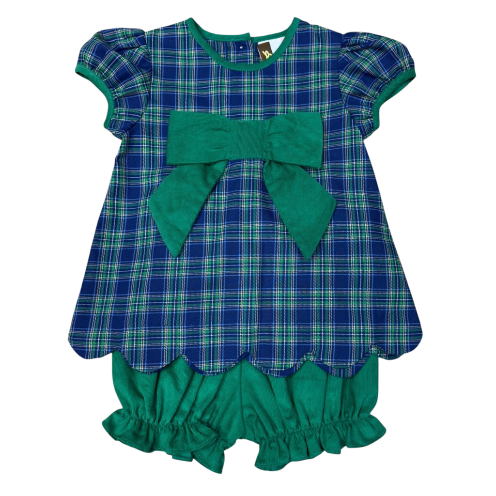 BANANA SPLIT Mia Bow Bloomer Set-Green & Navy Plaid