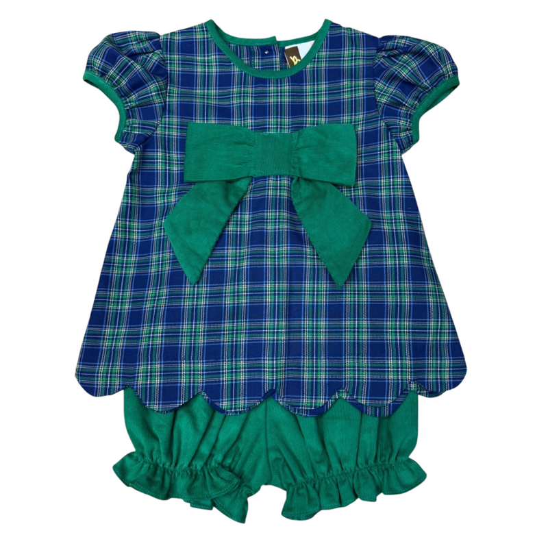 BANANA SPLIT Mia Bow Bloomer Set-Green & Navy Plaid