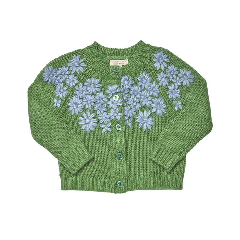PINK CHICKEN Girls Blossom Sweater - Blue Flower Embroidery
