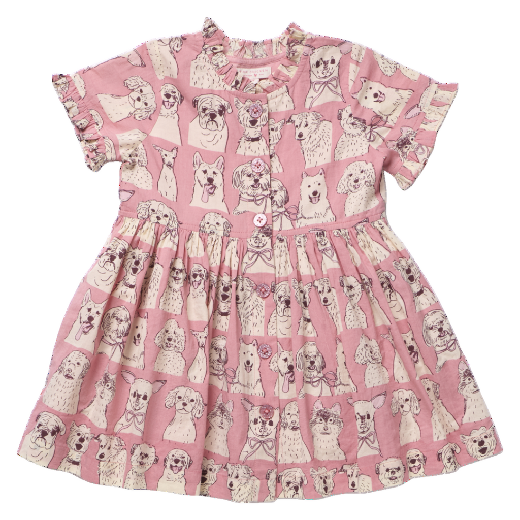PINK CHICKEN Girls Autumn Dress - Pink Sketched Dogs