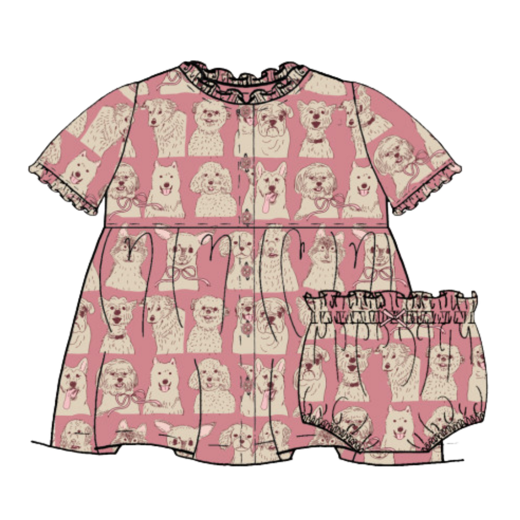 PINK CHICKEN Baby Girls Autumn Dress Set - Pink Sketched Dogs