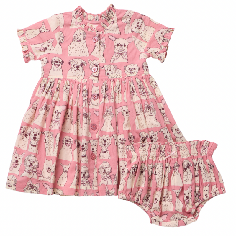 PINK CHICKEN Baby Girls Autumn Dress Set - Pink Sketched Dogs