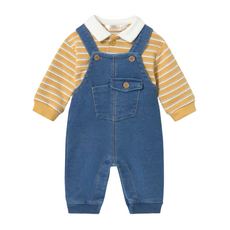Boy's Denim Overall with Striped Polo Mustard
