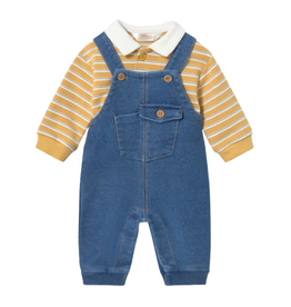 Boy's Denim Overall with Striped Polo Mustard