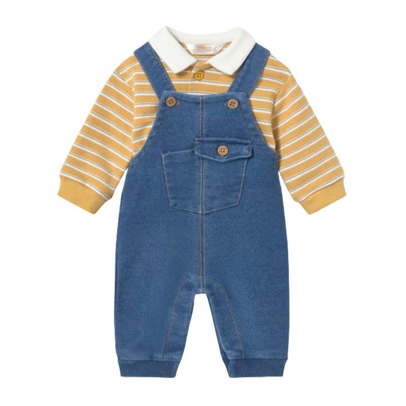 Boy's Denim Overall with Striped Polo Mustard