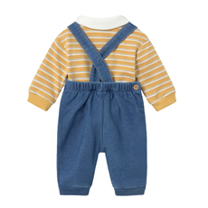 Boy's Denim Overall with Striped Polo Mustard
