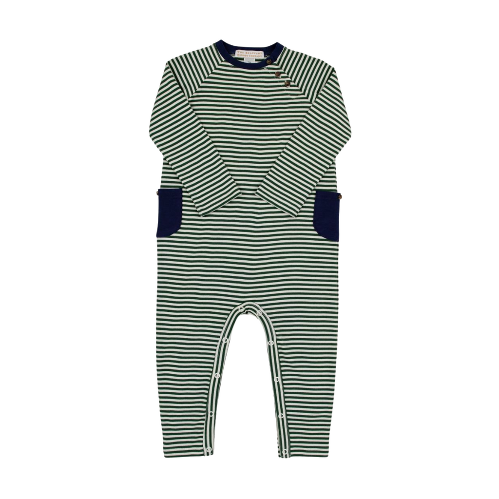 THE BEAUFORT BONNET COMPANY RAYBURN ROMPER-PIMA Grier Green & Palmetto Pearl Stripe