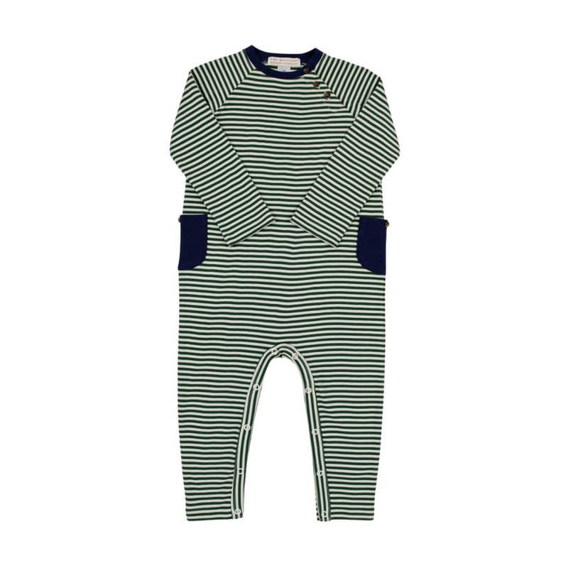 THE BEAUFORT BONNET COMPANY RAYBURN ROMPER-PIMA Grier Green & Palmetto Pearl Stripe