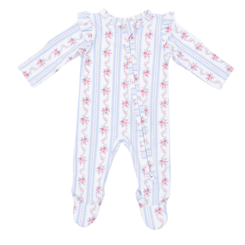 ANGEL DEAR Anna Floral Stripe - 2 Way Ruffle Sleeve Zipper Footie