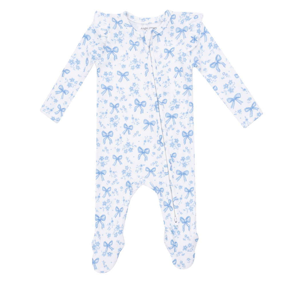 ANGEL DEAR Blue Bows And Flowers - 2 Way Ruffle Sleeve Zipper Footie