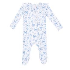 ANGEL DEAR Blue Bows And Flowers - 2 Way Ruffle Sleeve Zipper Footie
