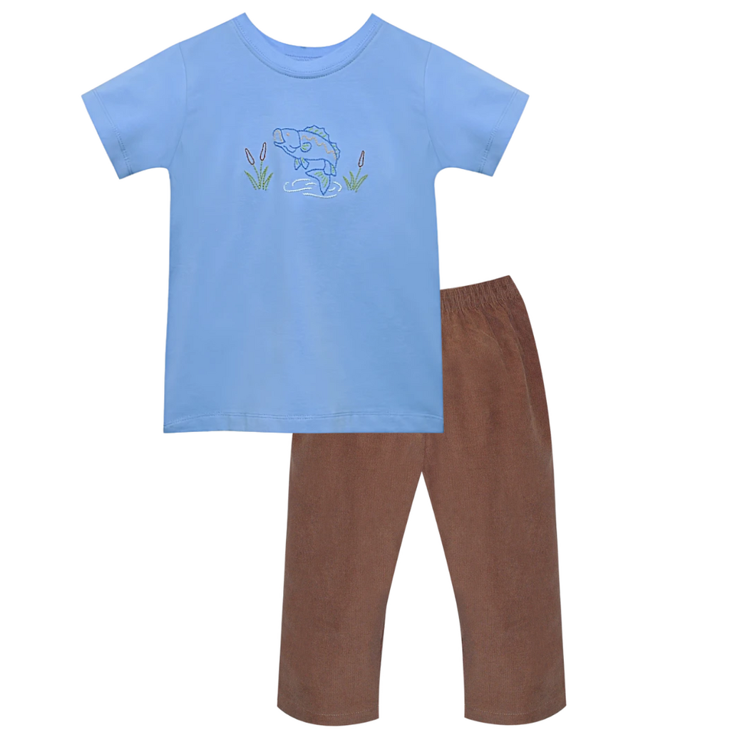 REMEMBER NGUYEN Blue Houston Shirt-Flying Bass w/Camel Brown Corduroy Pants