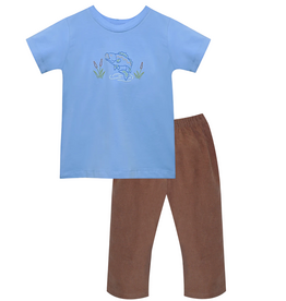 REMEMBER NGUYEN Blue Houston Shirt-Flying Bass w/Camel Brown Corduroy Pants