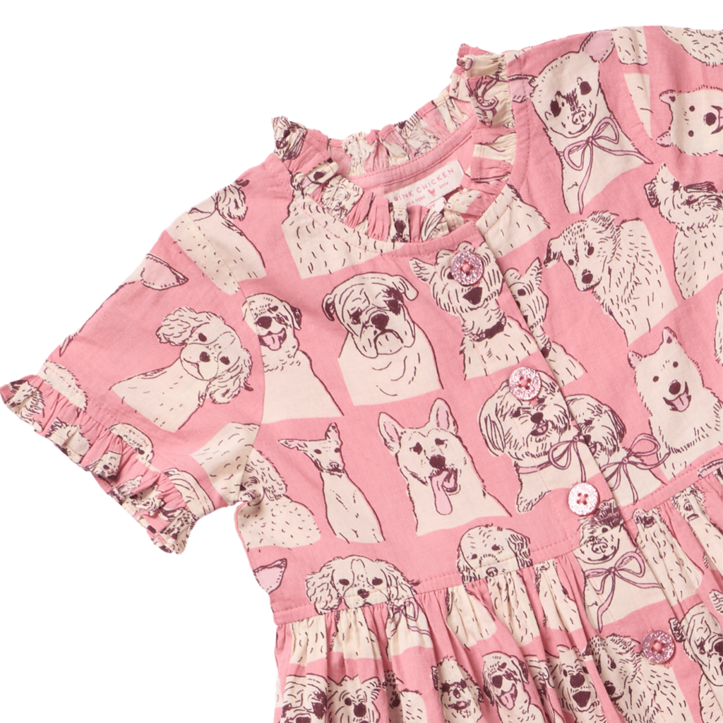 PINK CHICKEN Girls Autumn Dress - Pink Sketched Dogs