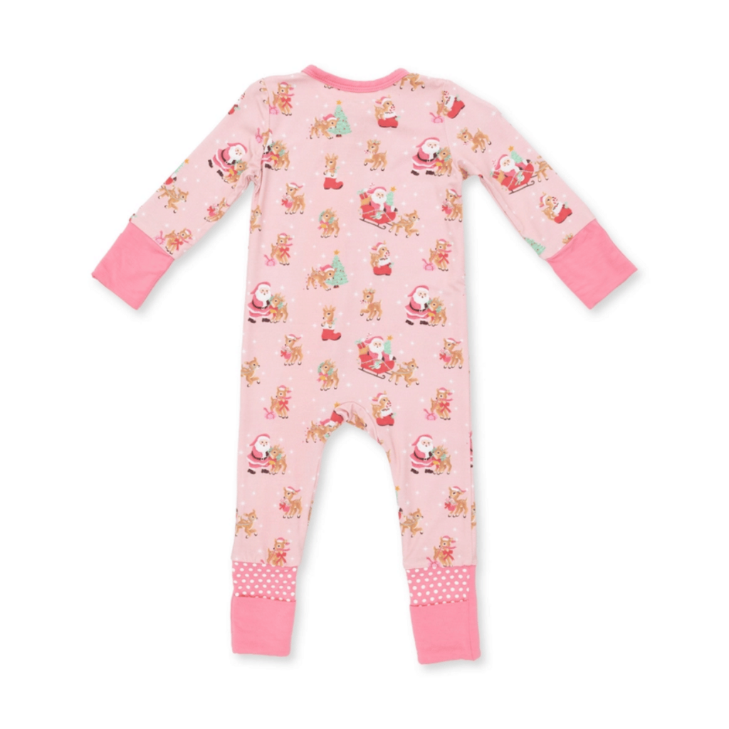 ANGEL DEAR Vintage Reindeer & Santa Pink - 2 Way Ruffle Back Zipper Footie
