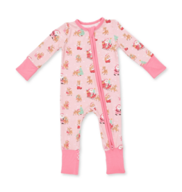ANGEL DEAR Vintage Reindeer & Santa Pink - 2 Way Ruffle Back Zipper Footie