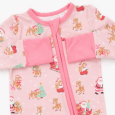 ANGEL DEAR Vintage Reindeer & Santa Pink - 2 Way Ruffle Back Zipper Footie