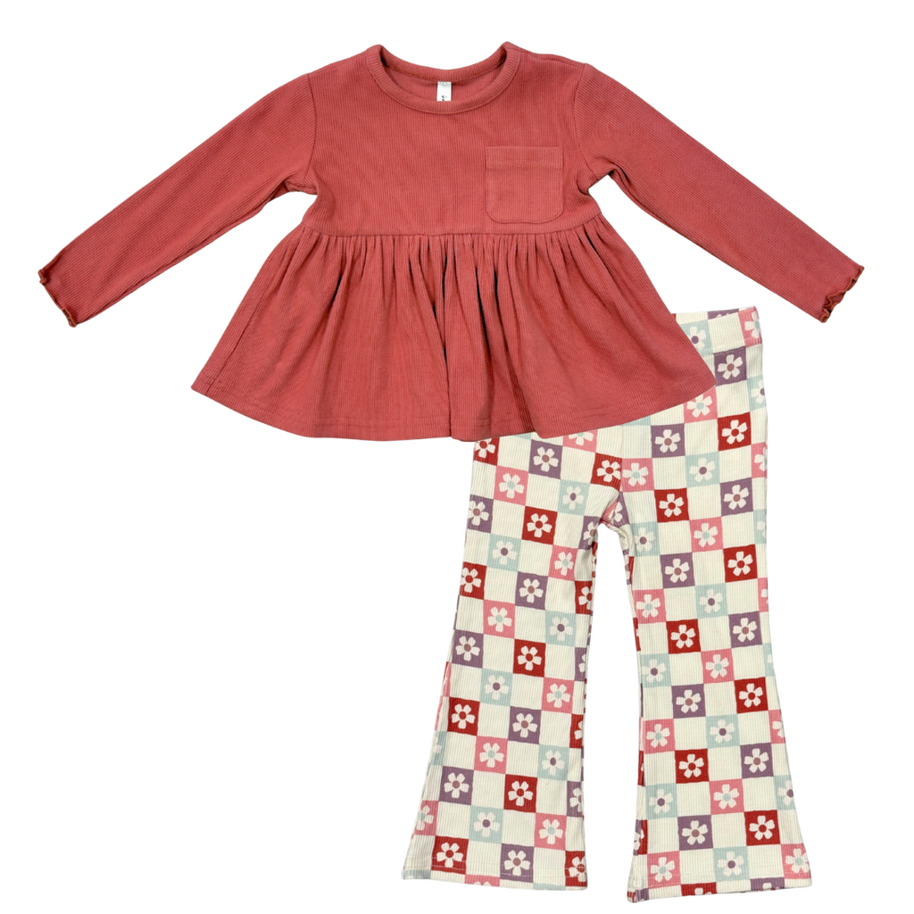 BABYSPROUTS RIBBED DUSTY CEDAR PEPLUM SHIRT w/FLARE PANTS