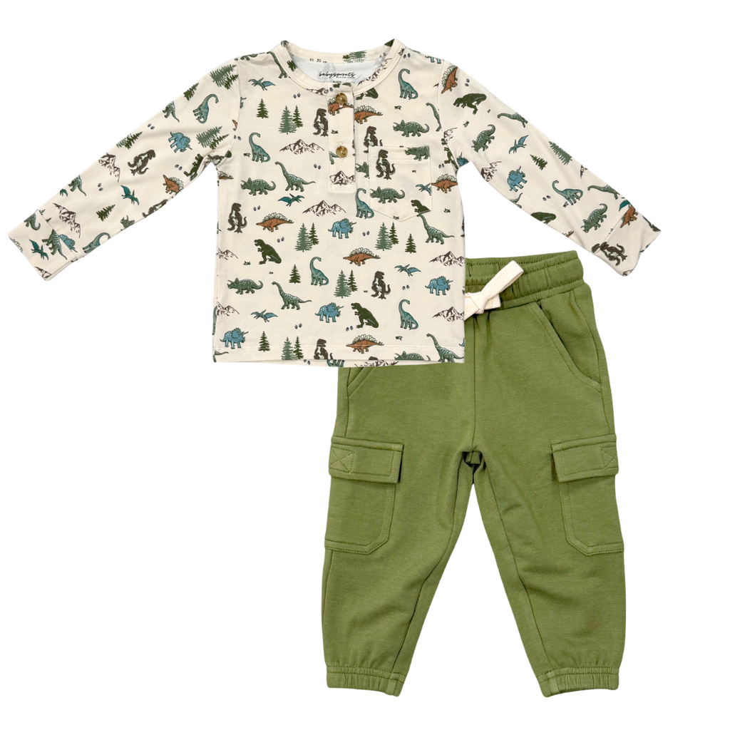 BABYSPROUTS BOYS LS HENLEY SHIRT DINO LAND w/CARGO PANTS