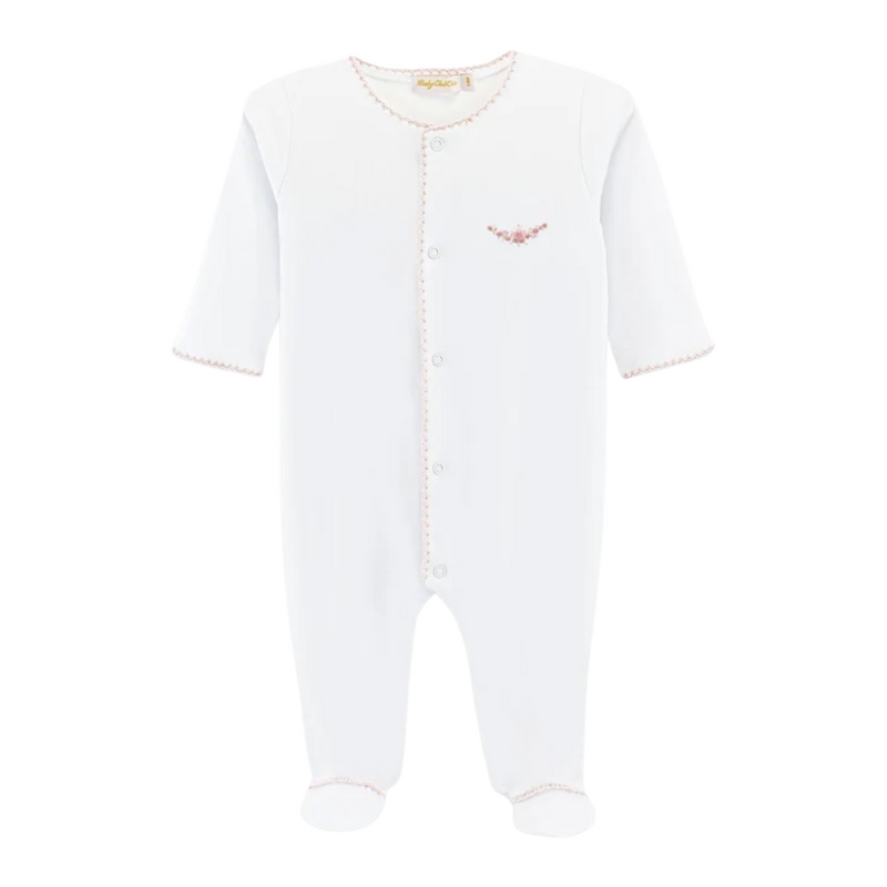 BABY CLUB CHIC Blossom Moon Emb Footie w/Pink Crochet Trim-White