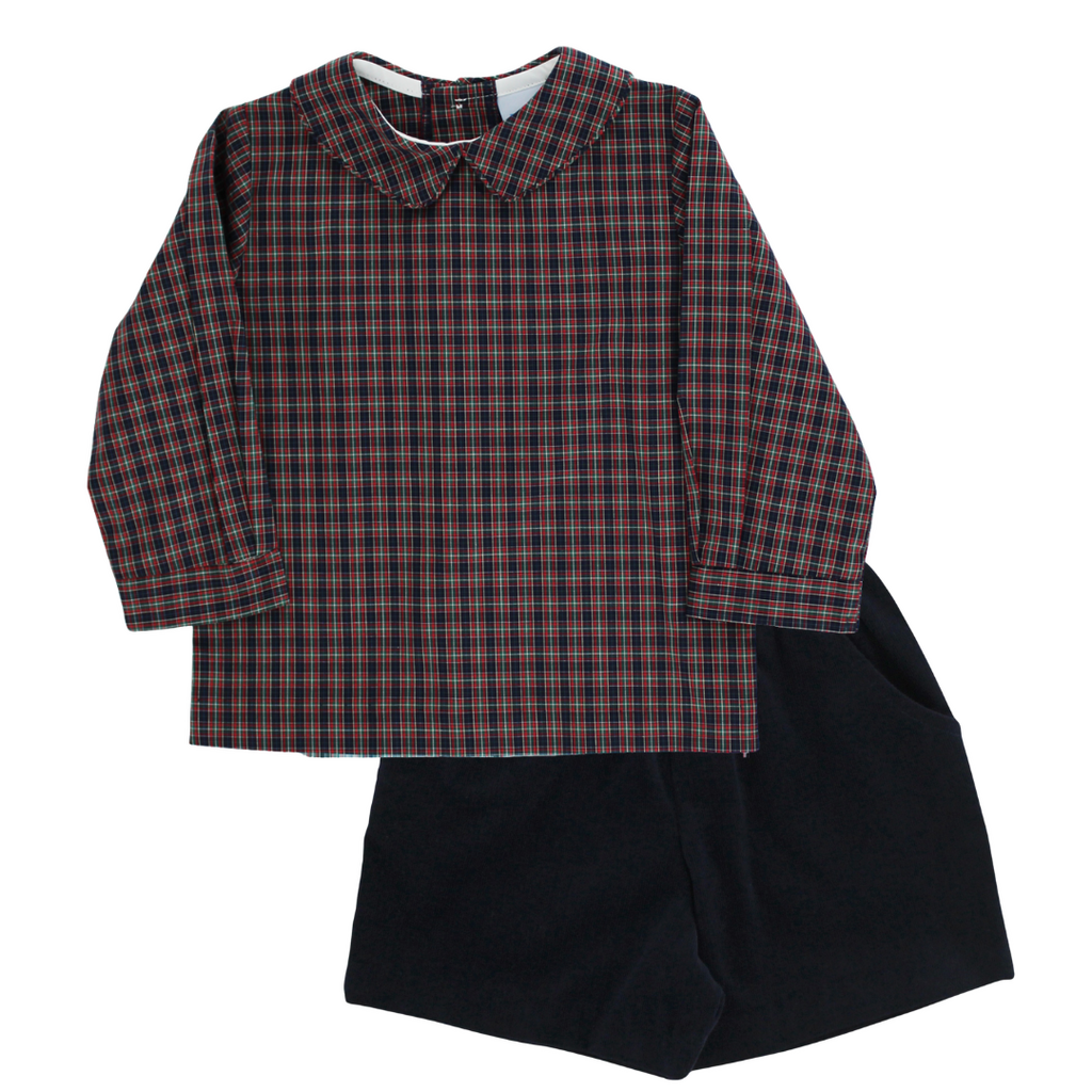 BAILEY BOYS BOY'S DURHAM W CHRISTMAS RED CORD-PIPED SHIRT w/ NAVY SHORTS