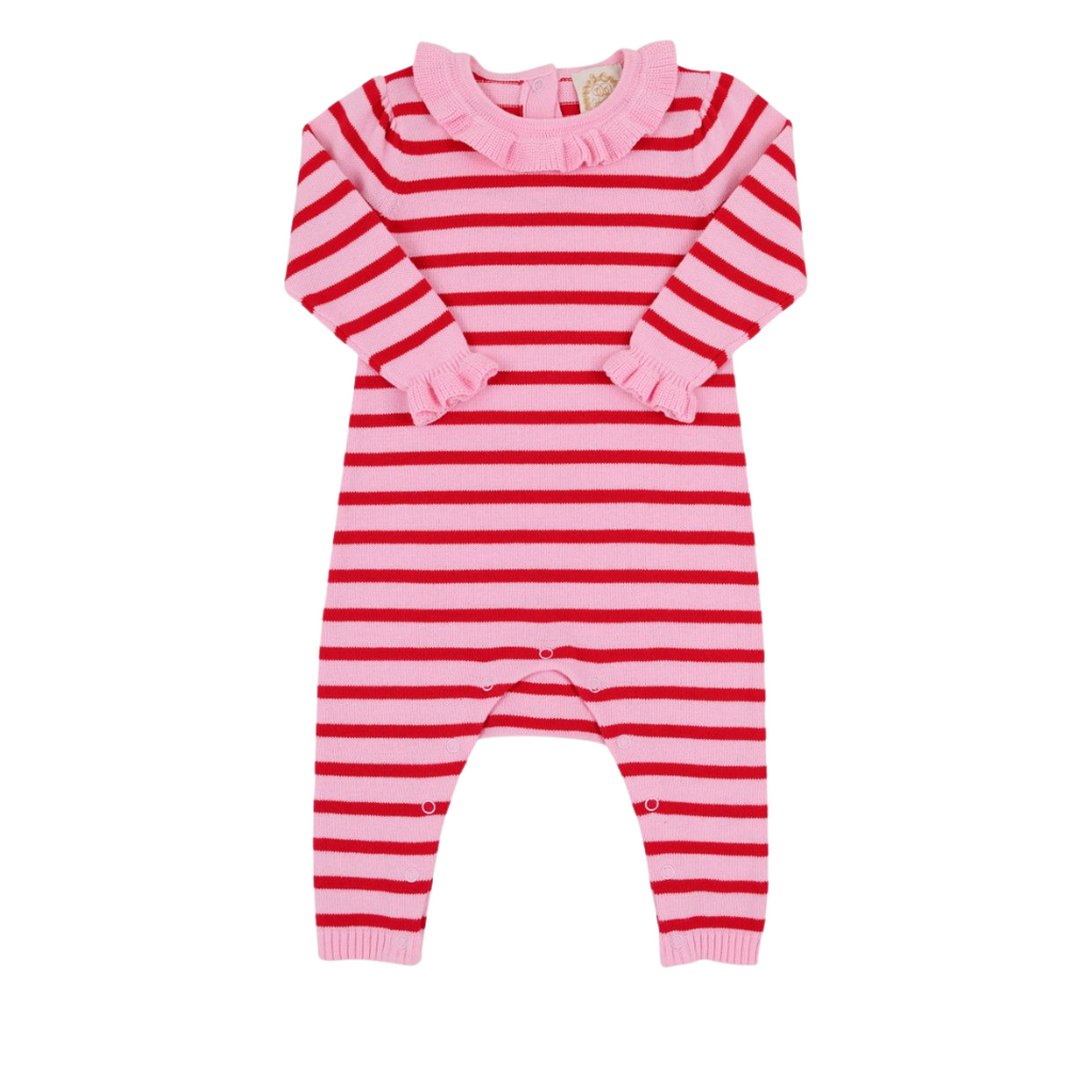 THE BEAUFORT BONNET COMPANY REECE RUFFLE ROMPER-Richmond Red & Pier Party Pink Stripe