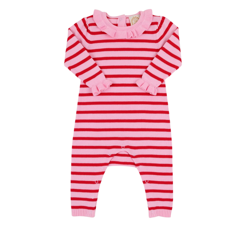THE BEAUFORT BONNET COMPANY REECE RUFFLE ROMPER-Richmond Red & Pier Party Pink Stripe