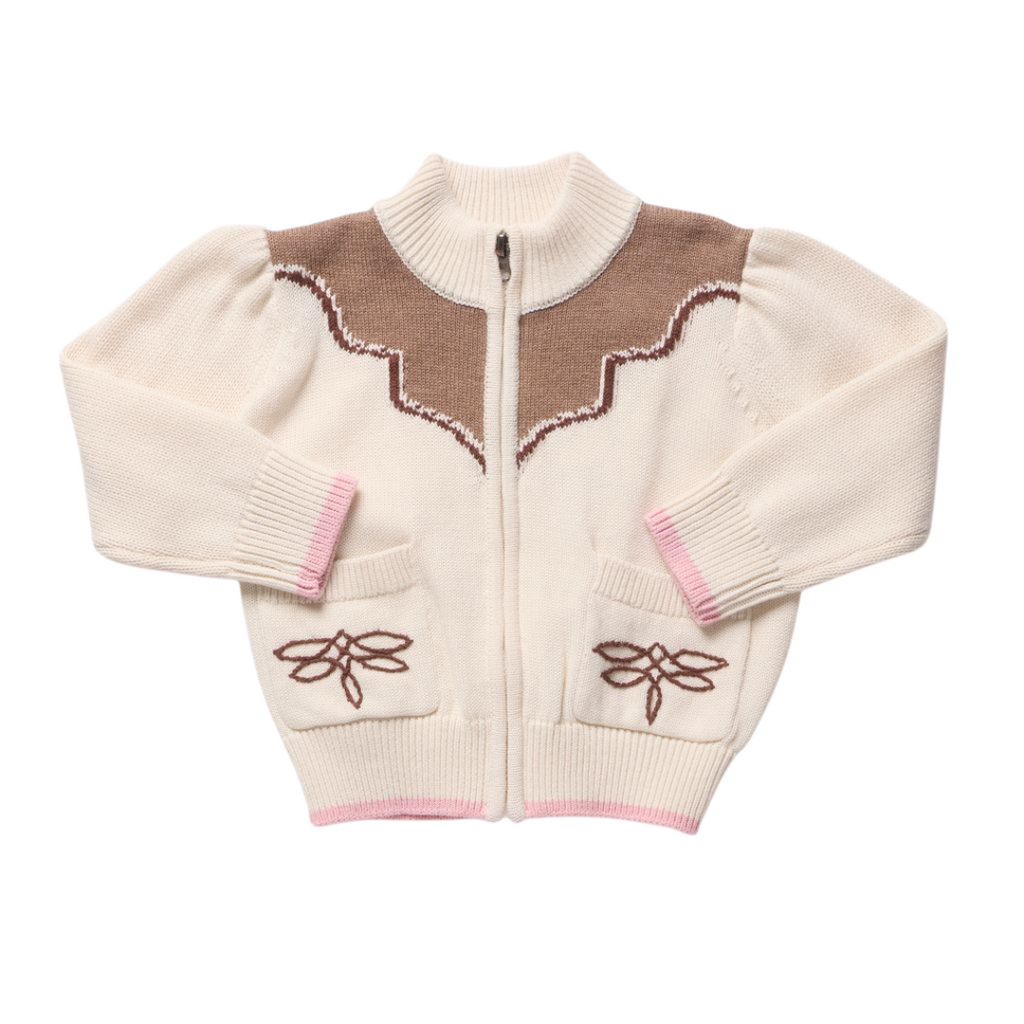 PINK CHICKEN Girls Western Zip Sweater - Cream And Brown