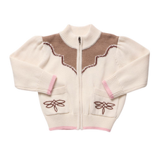 PINK CHICKEN Girls Western Zip Sweater - Cream And Brown