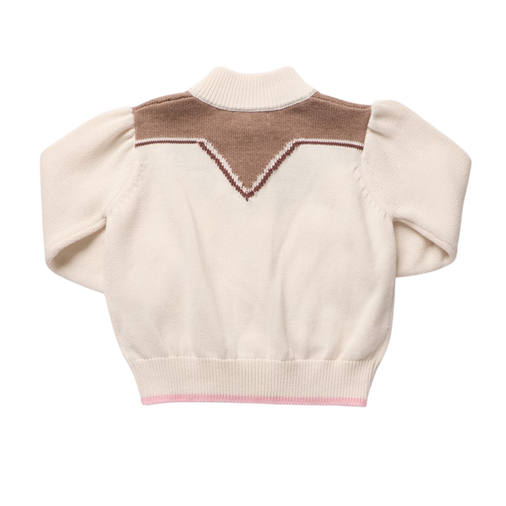 PINK CHICKEN Girls Western Zip Sweater - Cream And Brown