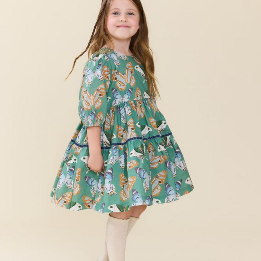 PINK CHICKEN Girls Maribelle Dress - Green Butterflies