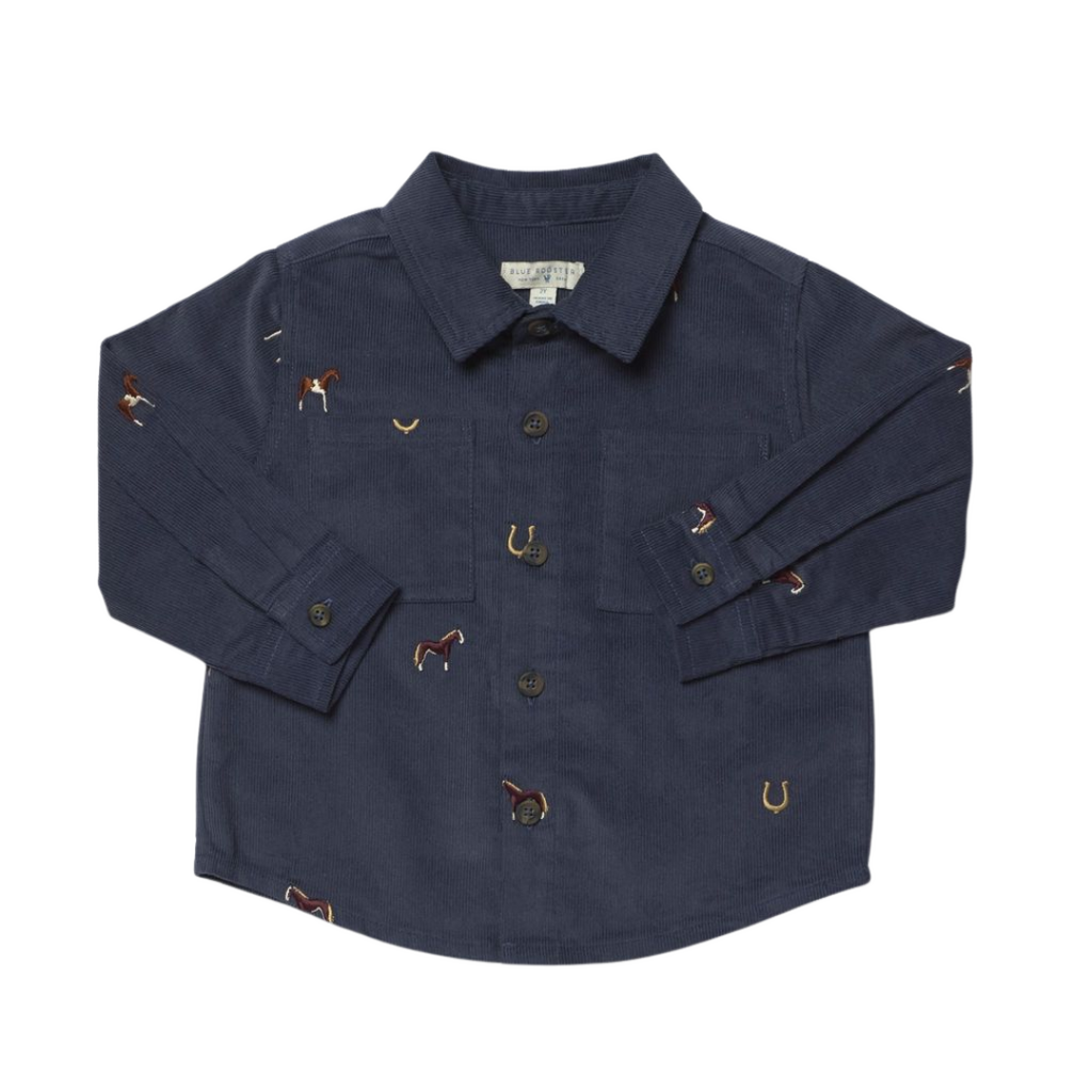 PINK CHICKEN Boys Long Sleeve Jack Shirt - Navy Horse Embroidery