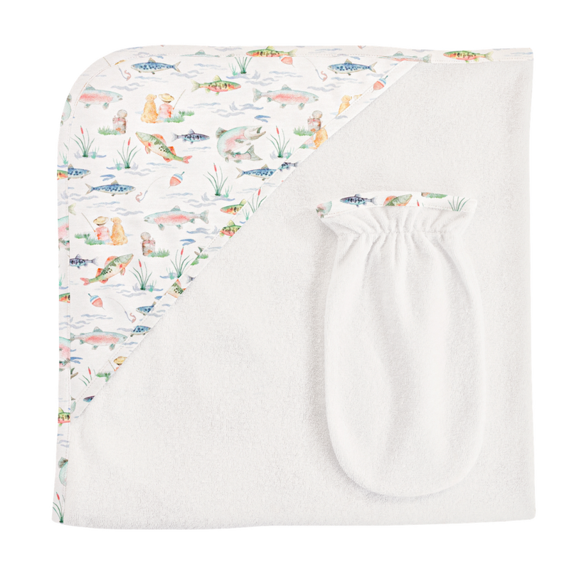 BABY CLUB CHIC Gone Fishing Hooded Towel w/Mitt 31"X28"