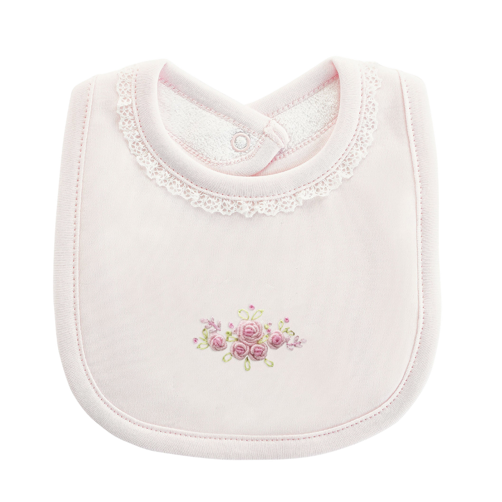 BABY CLUB CHIC Blossom Moon Emb Pima Bib w/Lace Trim-Pink