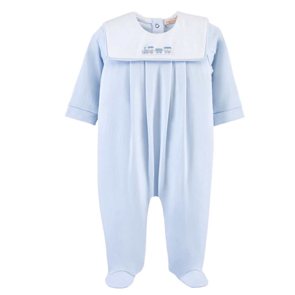 BABY CLUB CHIC Tiny Choo Choo Emb Collared Footie-Lt Blue