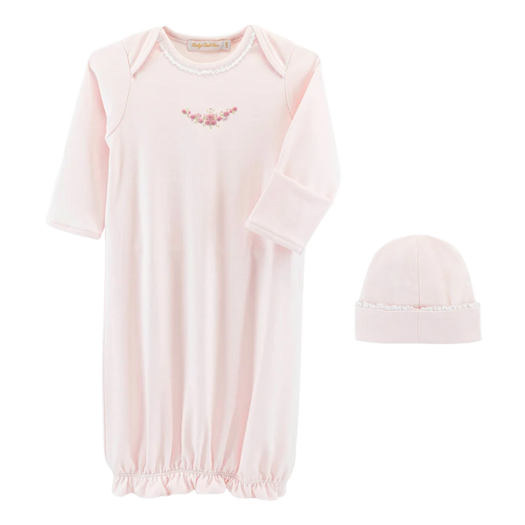 BABY CLUB CHIC Blossom Moon Emb Gown w/Lace Trim & Hat Set-Pink