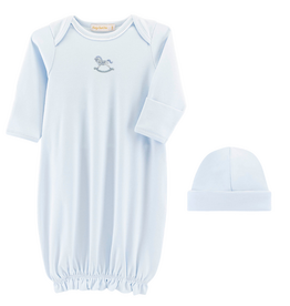 BABY CLUB CHIC Tiny Rocking Horse Emb Gown w/Piping Trim & Hat Set-Lt Blue