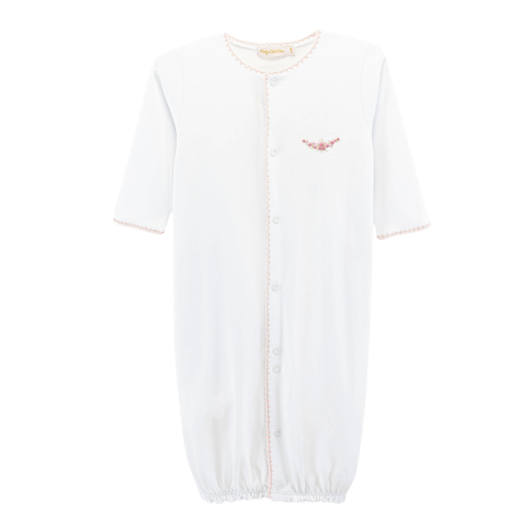 BABY CLUB CHIC Blossom Moon Hand-embroidered Pima Conv Gown w/Pink Crochet Trim – White