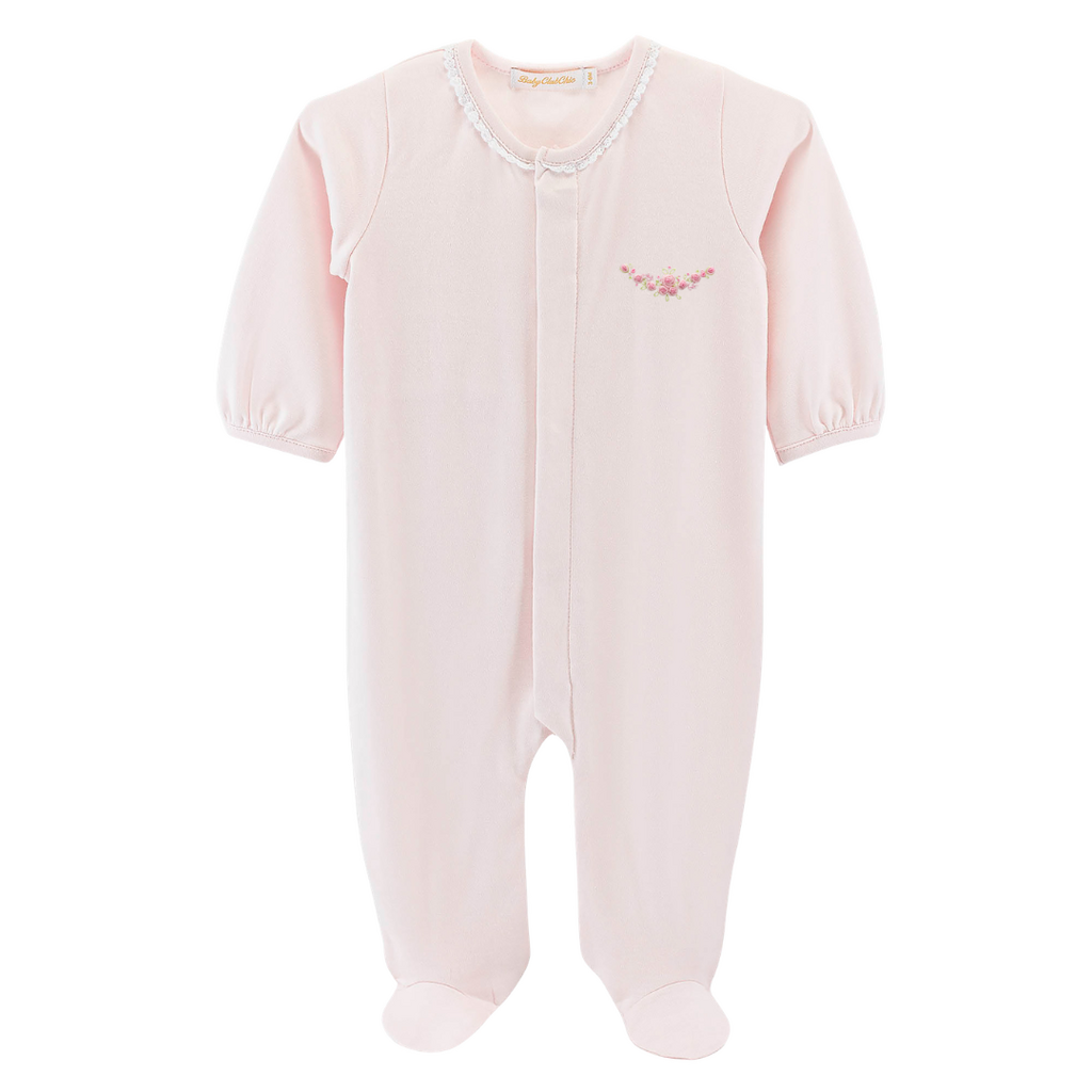BABY CLUB CHIC Blossom Moon Emb Footie w/Lace Trim-Pink