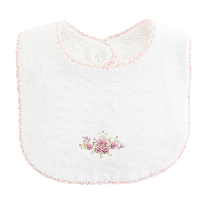 BABY CLUB CHIC Blossom Moon Emb Pima Bib w/Crochet Trim-White