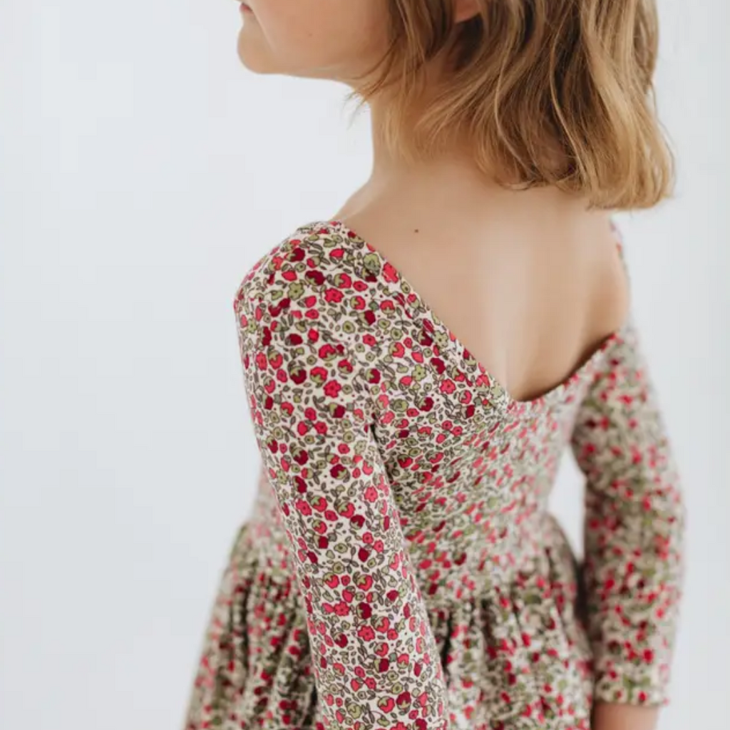 GOOD APPLES KIDS 3/4 Sleeve Twirl Dress in Crimson Flora
