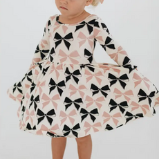 GOOD APPLES KIDS 3/4 Sleeve Twirl Dress in Vintage Pink and Black Bows
