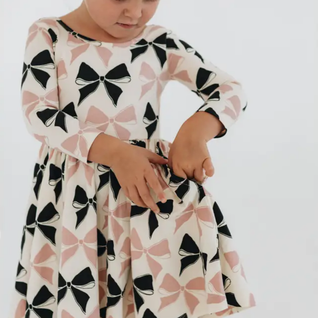GOOD APPLES KIDS 3/4 Sleeve Twirl Dress in Vintage Pink and Black Bows